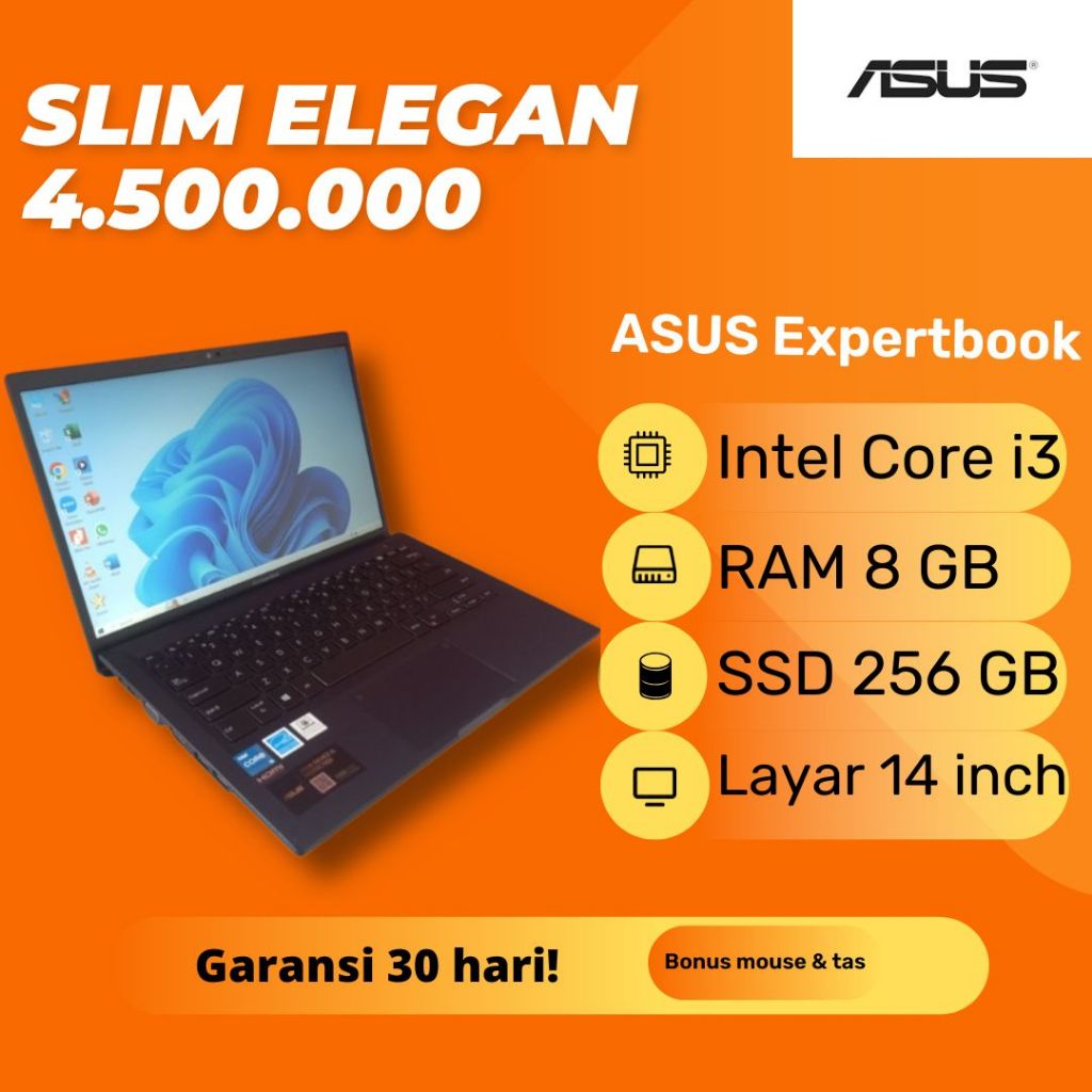 Laptop ASUS Expertbook B1400C Intel Core i3 1115G4 RAM 8GB SSD NVME 256GB Slim Fullset Komplit Secon