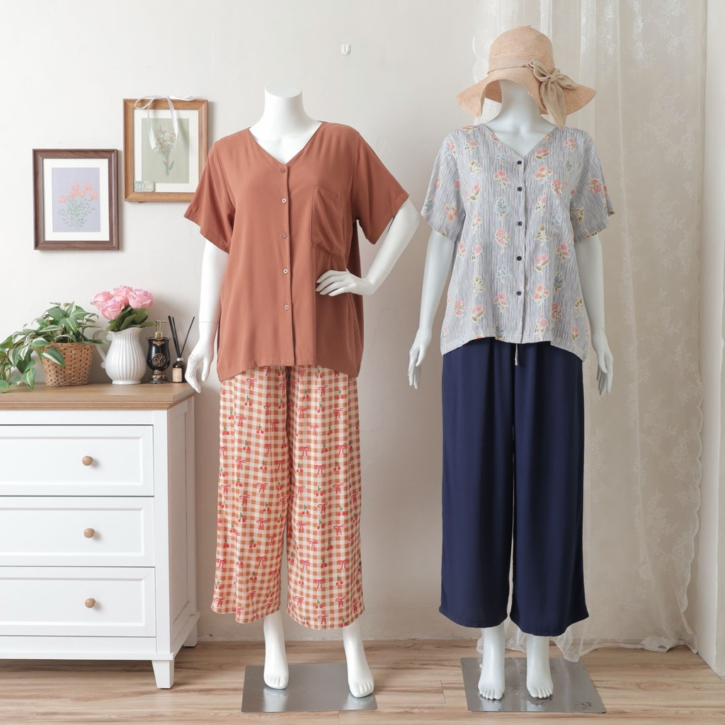 LAURA SET | ONE SET PIYAMA CELANA SEMI KULOT KOMBINSI POLOS MOTIF PAJAMAS HOMEDRESS PREMIUM