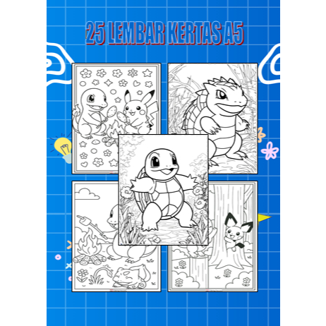 25 Lembar Kertas Gambar Mewarnai Pokemon | Lembar mewarnai anak TK Paud | Buku mewarnai A5
