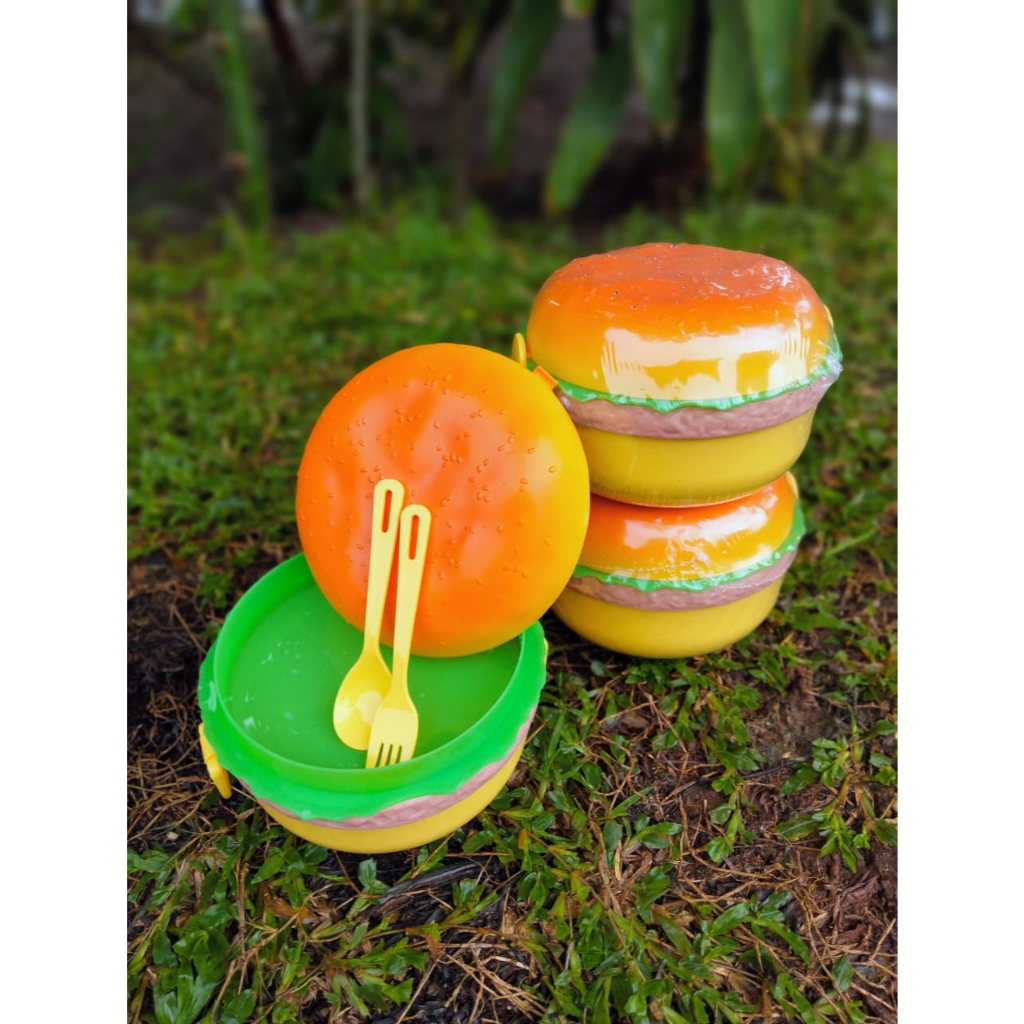 Kotak Bekal Bentuk Burger Hamburger - Lunch Box - Kotak Bekal Anak Unik Free Sendok Garpu
