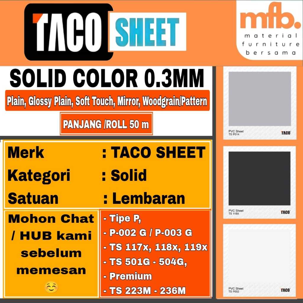TACO Sheet 0.3mm Solid Color Roll 50m | Plain / Glossy / Soft Touch / Mirror | TACO SHEET - 0.3 MM S
