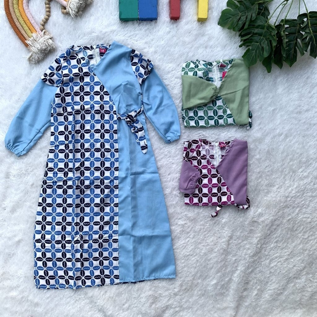 Esther Batik Gamis Batik Anak Kerlina Model Kimono Lengan Berkerut Mix Polos Rayon Adem