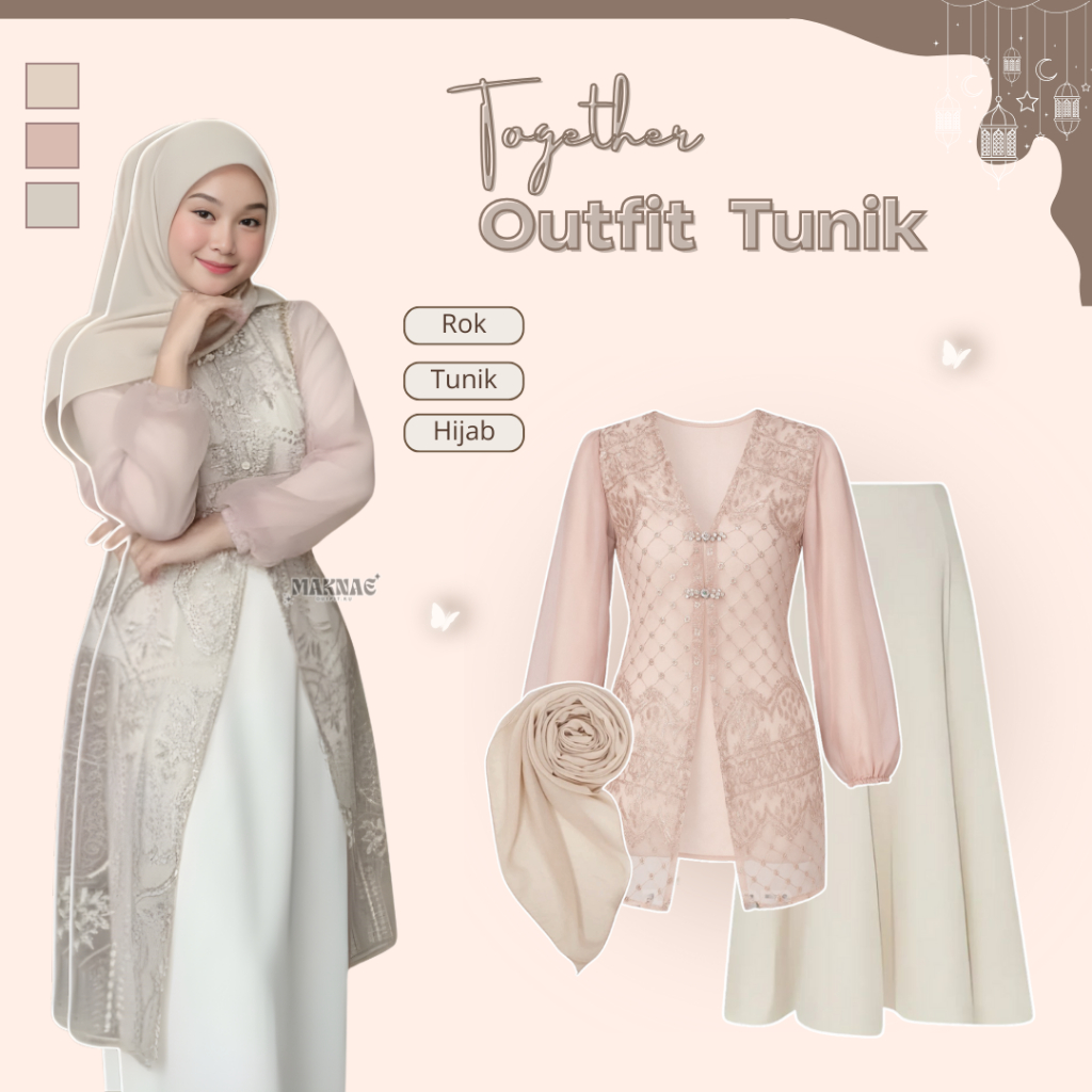 Setelan Lebaran Kekinian Wanita Outfit ( Tunik - Rok Joda - Jilbab Segi Empat ) Ootd Korean Style Re