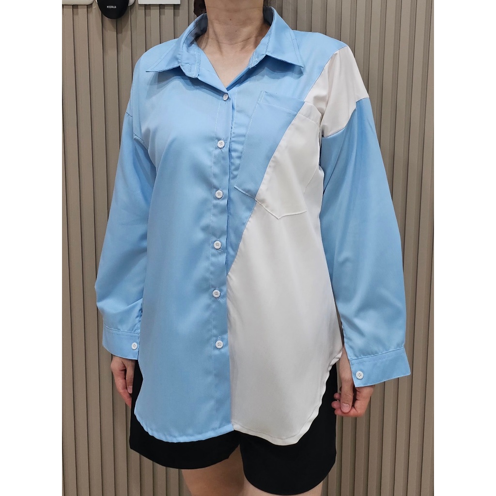 Finello Baju Kemeja Wanita 2 Tone / Blouse Atasan Wanita Kombinasi Warna Modern