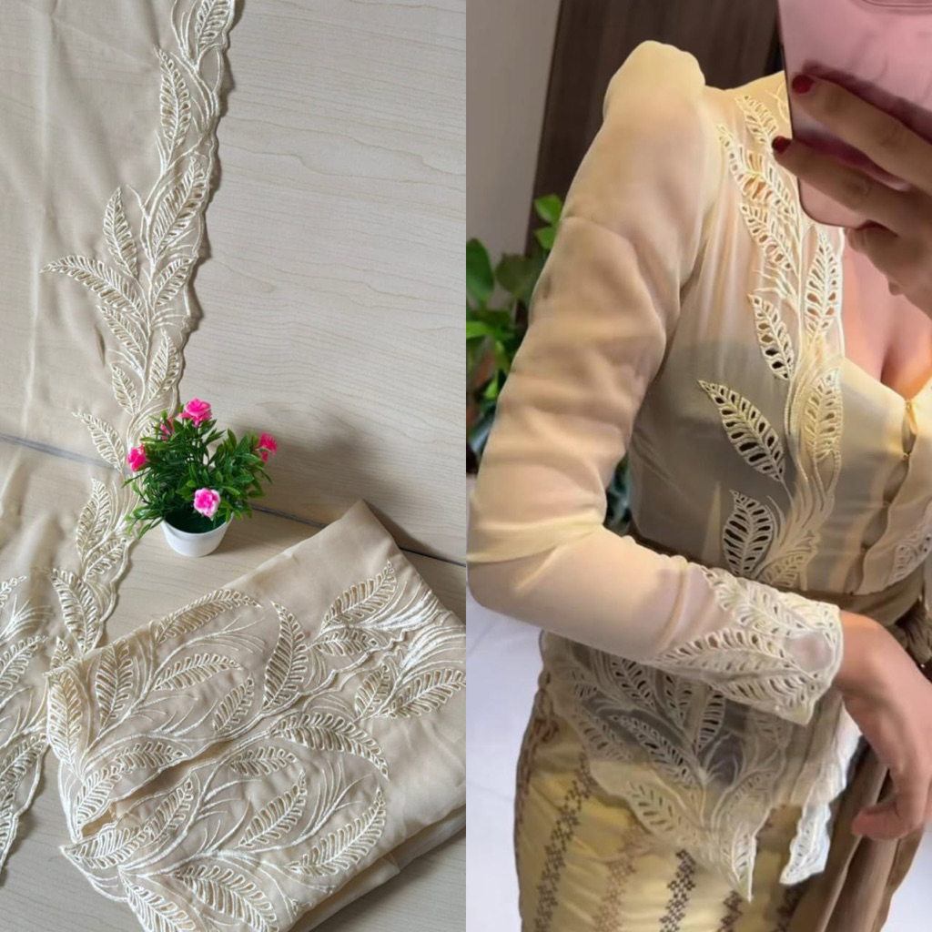 Kain Bordir motif daun || kain kebaya kuning || kain kebaya putih || kebaya kuning || bahan kebaya |