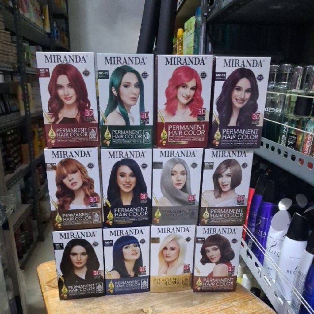 Paket 12 pcs Miranda Pewarna Rambut warna campur hitam alami +blue +pink fushia + bleaching + violet