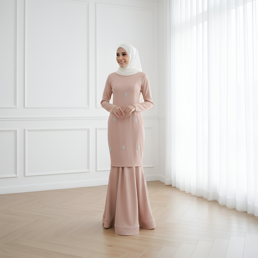 Aleeya Nude Setelan Baju Kurung Modern Mermaid Dress Melayu Malaysia Wanita Payet Elegan Ramadhan Le