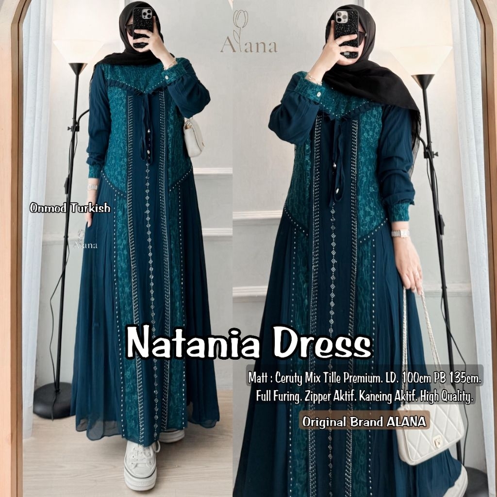 Alana -Natania Dress Wanita Ceruty Mix Tille Premium FullFuring -Zipper Kancing Aktif