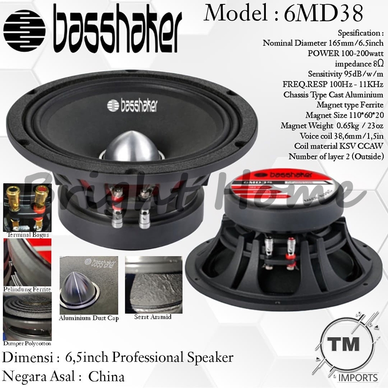 BASSHAKER 6MD38 Subwoofer Komponen Speaker 6.5 Inch Midrange Professional