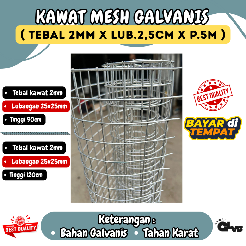 KAWAT MESH GALVANIS PANJANG 5 METER TEBAL 2MM LUBANGAN 25X25MM