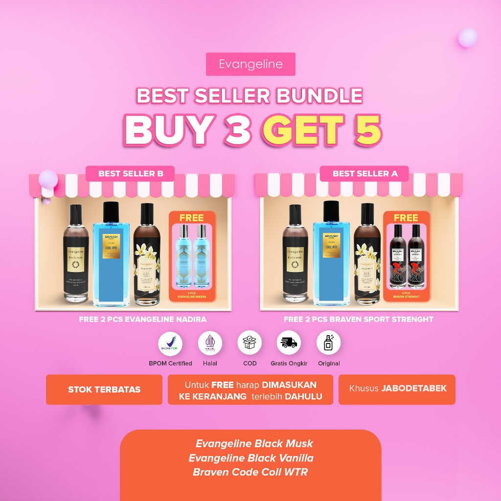 [BEST SELLER BUNDLE] BUY 3 GET 5 | Evangeline Paket Parfum Dapat 5 Botol - Braven Code Cool WT, Evan