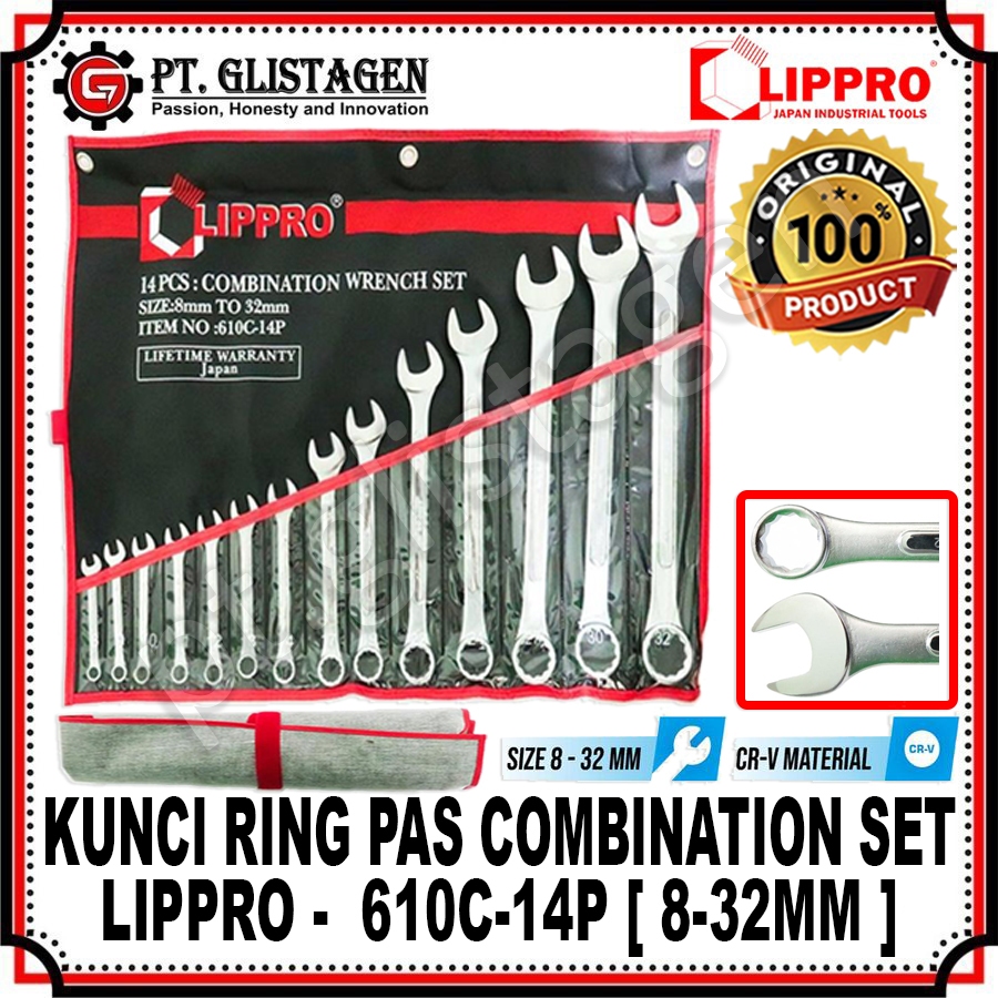 LIPPRO 610C-14P Kunci Ring Pas SET 8-32MM 14PCS Kunci Ring Pas Set Kunci Kombinasi Combination Spann