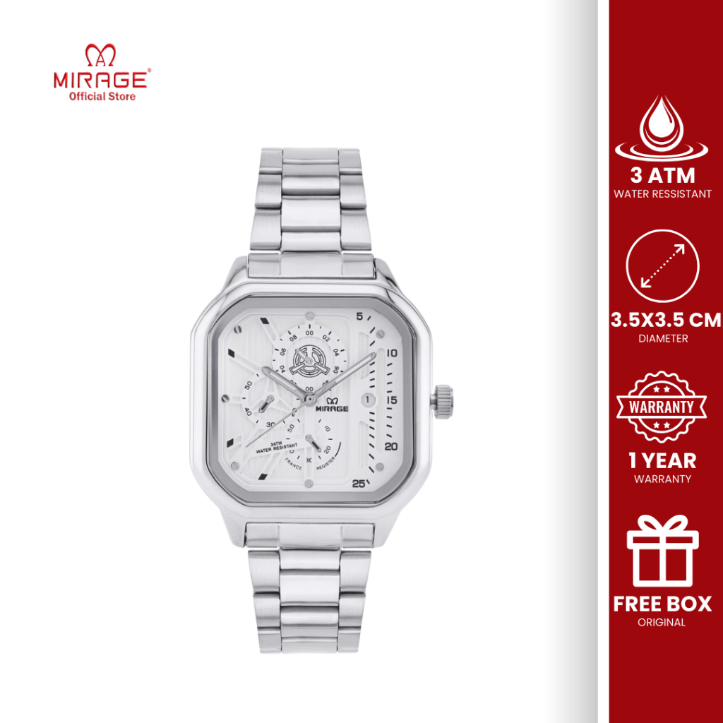 Mirage Jam Tangan Formal Kasual Analog Pria Anti Air Silver Chrono Tanggal Segi Original 8853 M