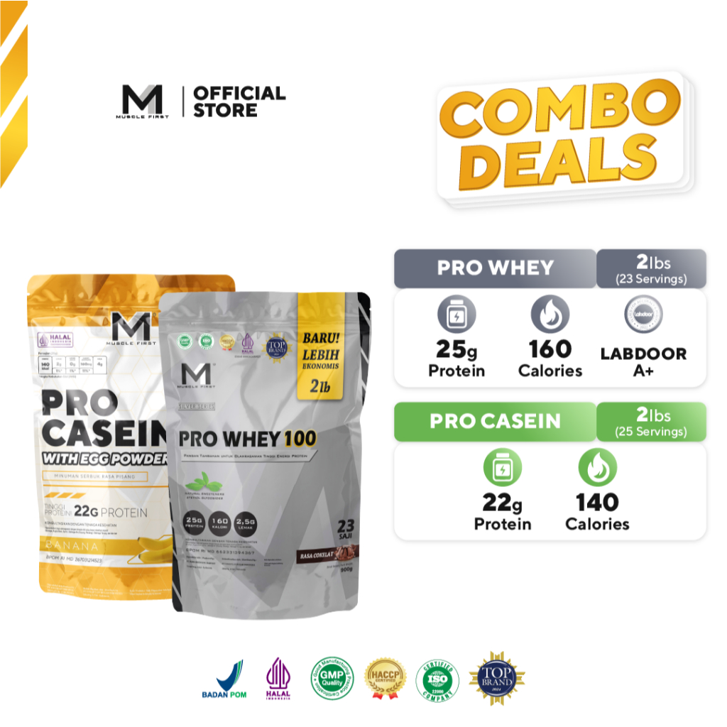 [BUNDLE] MUSCLE FIRST Pro Whey 100 2lbs + Pro Casein 2lbs - Whey Protein Suplemen Fitness