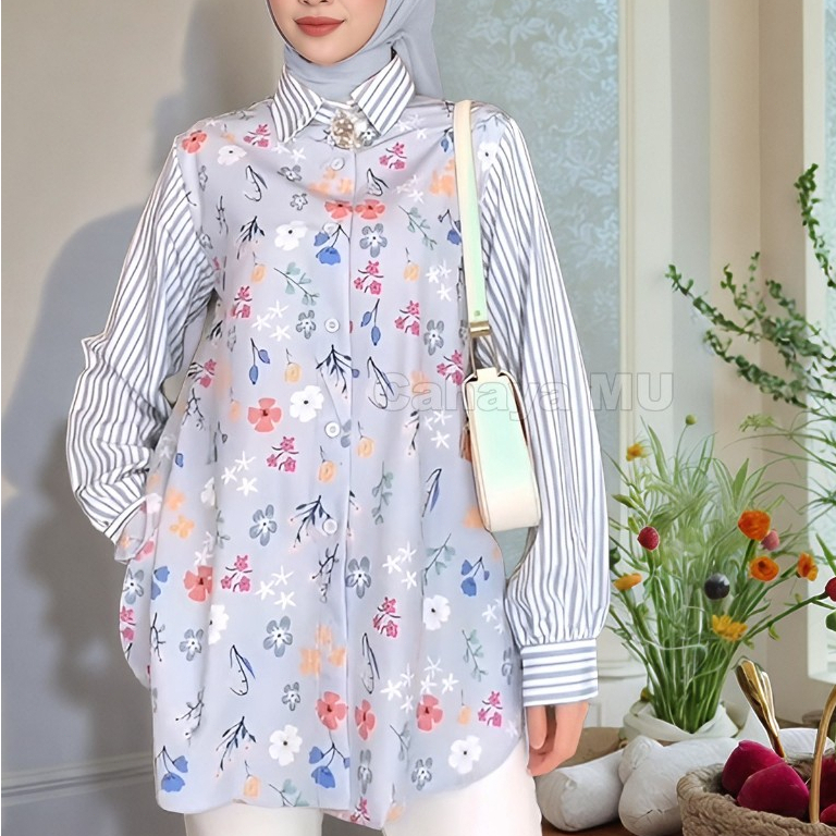 Kemeja Wanita Rayon Premium/Kemeja Wanita Motif Bunga Kekinian