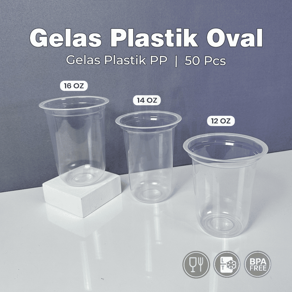 [50 PCS] Gelas Plastik Oval Tebal STARINDO Ukuran 12 oz , 14 oz , 16 oz / Gelas Oval Bening
