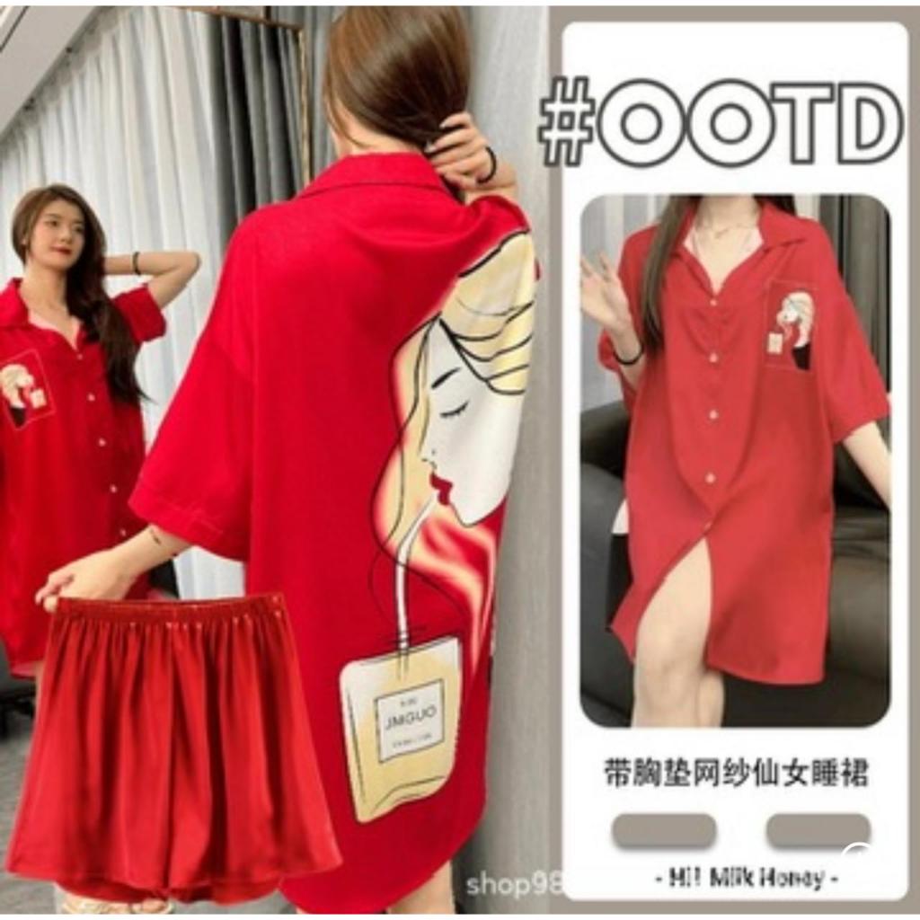 DRESS SATIN DASTER BAJU TIDUR PIYAMA SANTAI IMPORT WANITA LENGAN PENDEK BAHAN SATEN
