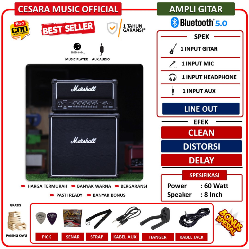 Ampli gitar 8 inch bluetooth bisa untuk karaoke 3 input head cabinet with efek distorsi & delay