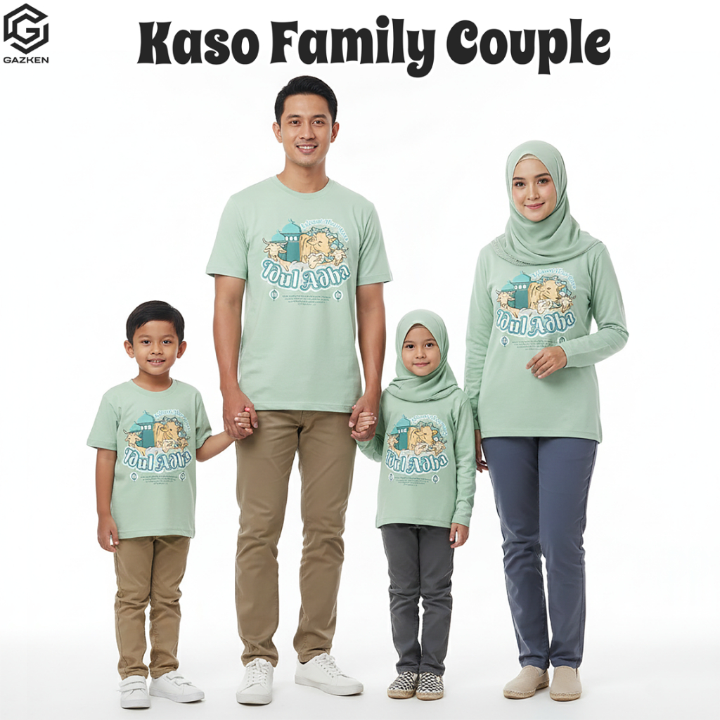 Kaos Couple Keluarga Edisi Idul Adha Anak dan Dewasa Lengan Panjang Pendek Warna Hijau Mint