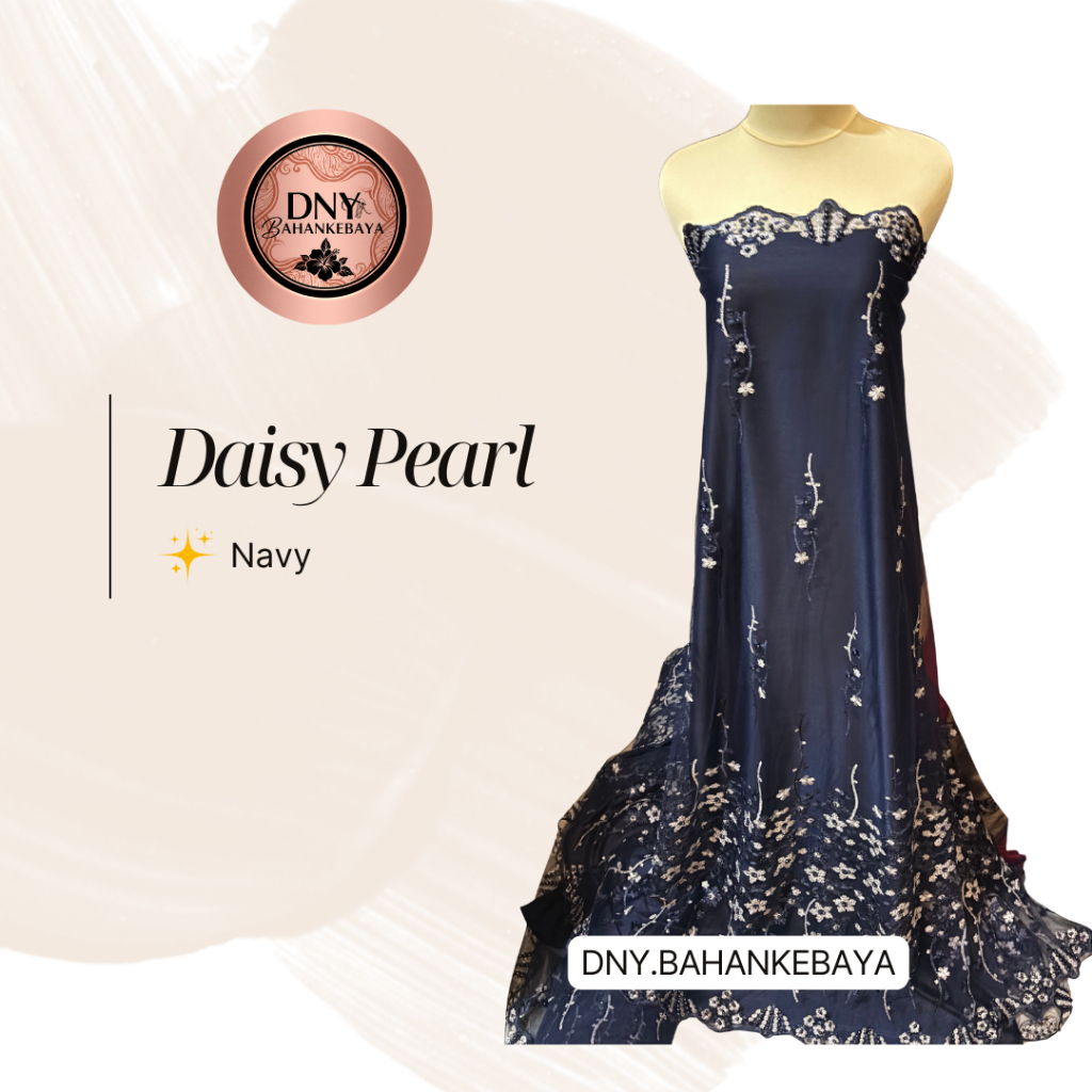 Bahan Kain Kebaya Brokat Brukat Tile Mutiara Daisy Pearl Warna Biru Navy
