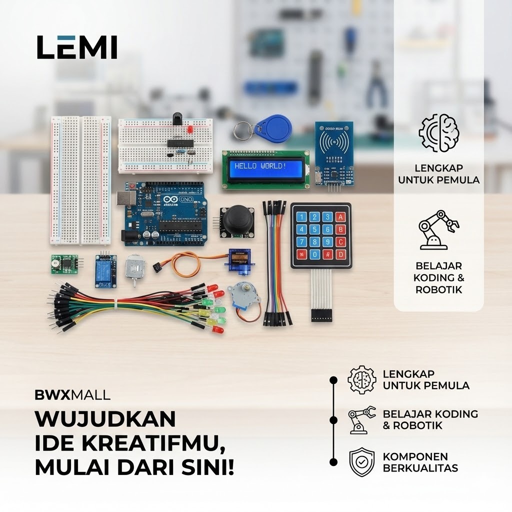 Starter Kit Arduino UNO R3 LeMi Paket Lengkap Breadboard LCD 1602 Motor Stepper Servo Sensor Modul E