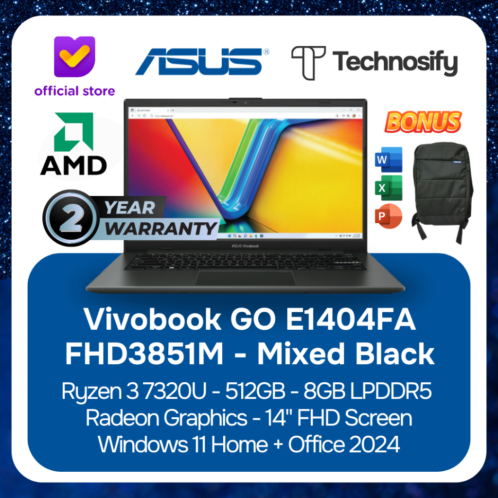 Asus Vivobook GO E1404FA FHD3851M / FHD3853M Laptop Ryzen 3 7320U 512GB 8GB LPDDR5 Radeon Graphics 1