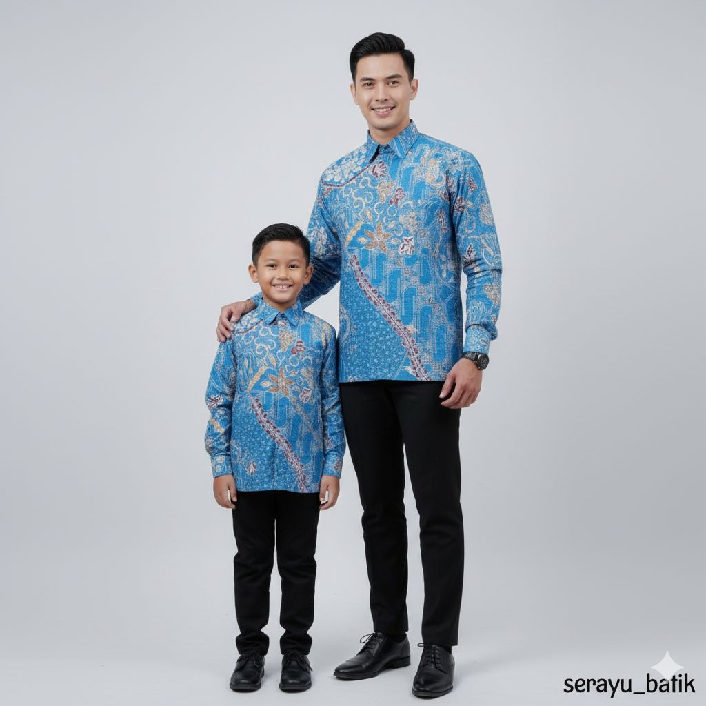 Soft Blue Batik Couple Bapak Dan Anak Katun Solo Premium 40s Lengan Panjang Batik Pasangan Ayah Dan 