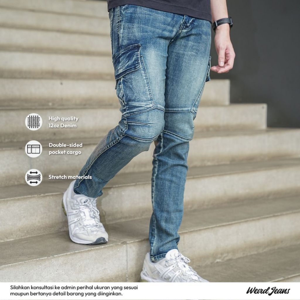 Weird Jeans  - Cargo Rudolf Blue  - Celana Jeans Cargo Panjang Pria Slim Fit Strech Warna Polos