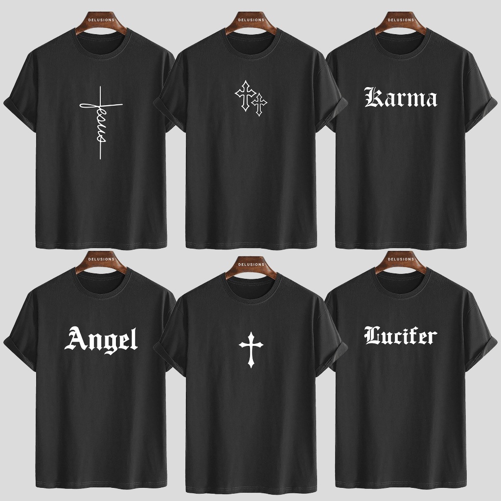 Kaos Pria Hitam Distro Salib Jesus Angel Lucifer Karma Streetwear Aesthetic Gothic T-shirt Cowok Ker
