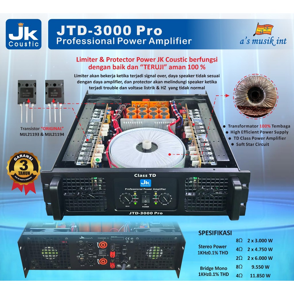 Power Amplifier Class TD Jk coustic JTD 3000 Pro 2x3000 watt 8Ohm