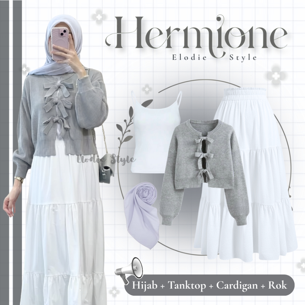 Mione Setelan Wanita Remaja Kekinian (Hijab, Tanktop, Cardigan, Rok)  OOTD Terbaru Lebaran ES169