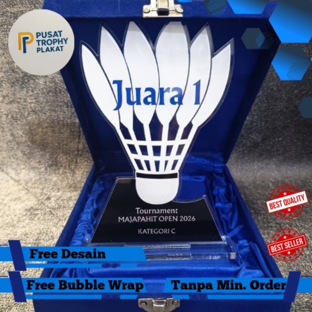 Plakat Akrilik Badminton Custom • Plakat Turnamen, Juara, Hadiah Komunitas & Event Bulutangkis