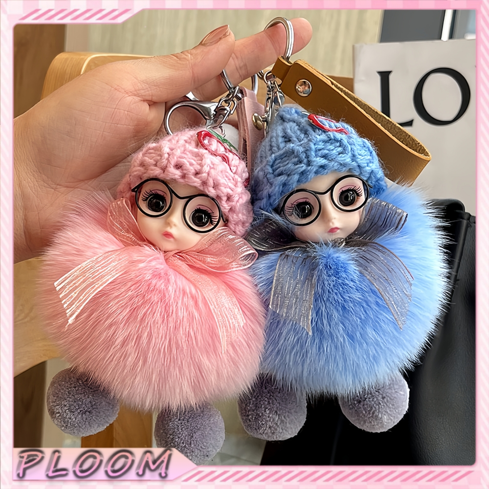 Gantungan kunci boneka bermata besar berkacamata/boneka tidur/liontin kunci bulu rubah