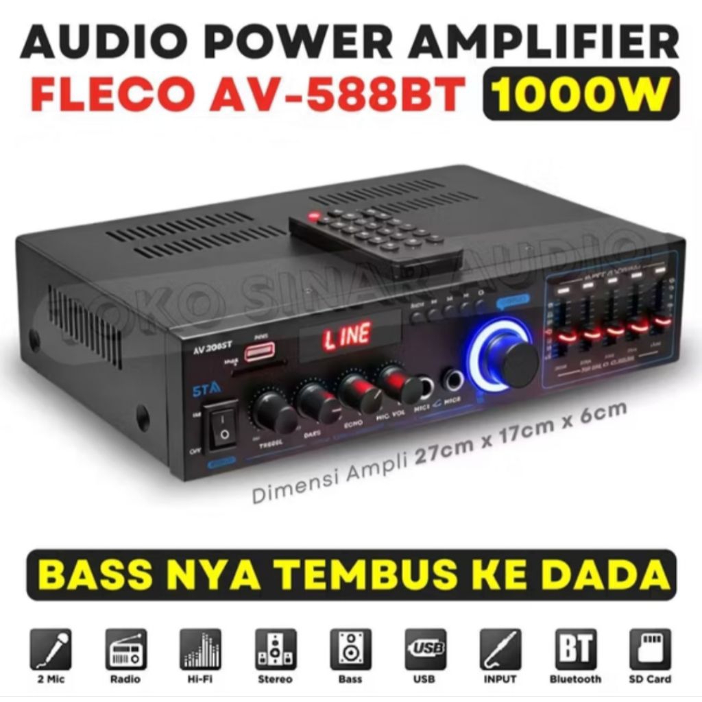 GARANSI HARGA TERBAIK MIXER POWER AMPLIFIER BLUETOOTH 1000 WATT FLECO AV-588BT