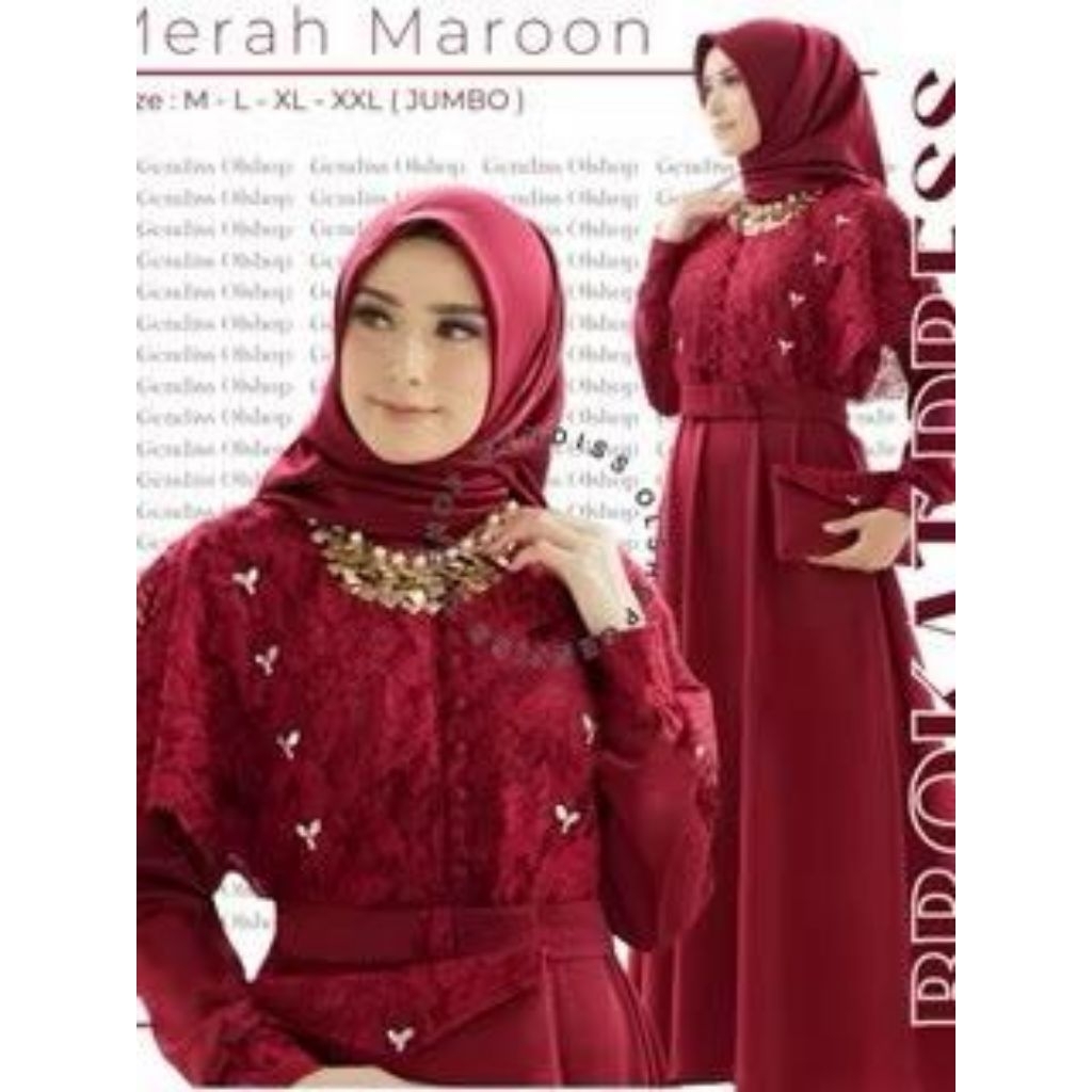 dress merah Hati maroon brokat Gamis kekinian 2025 kombinasi polos  desain modern dan mewah mutif te