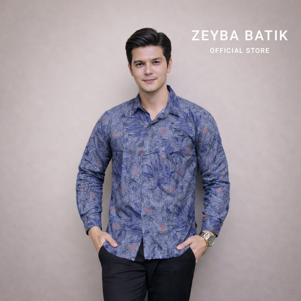 Kemeja Batik Pria Motif Weirang Abu Lengan panjang Slim Fit Premium