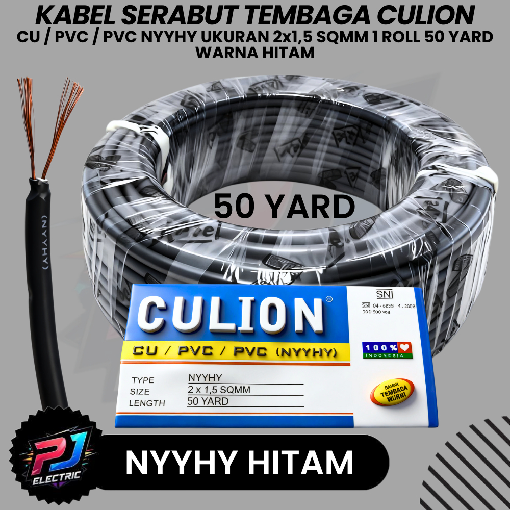 Kabel Listrik Tembaga Serabut Hitam NYYHY 2x1.5 SQMM Culion 1 Roll 50 Yard SNI Kabel Fleksibel PVC C