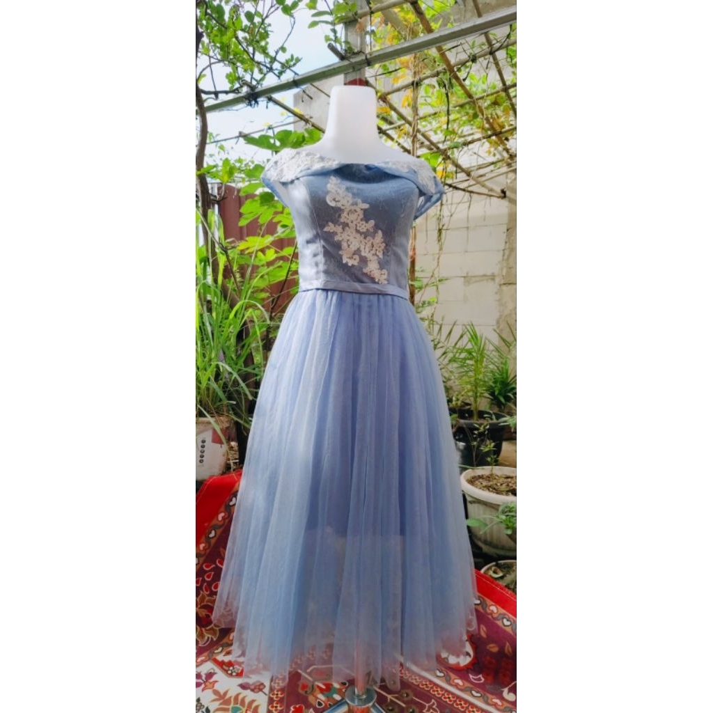 Gaun/Dress Pesta Fairy Lengan Sabrina Midi Biru Muda / Ice Blue - Prom - Pesta - Brithday - Kondanga
