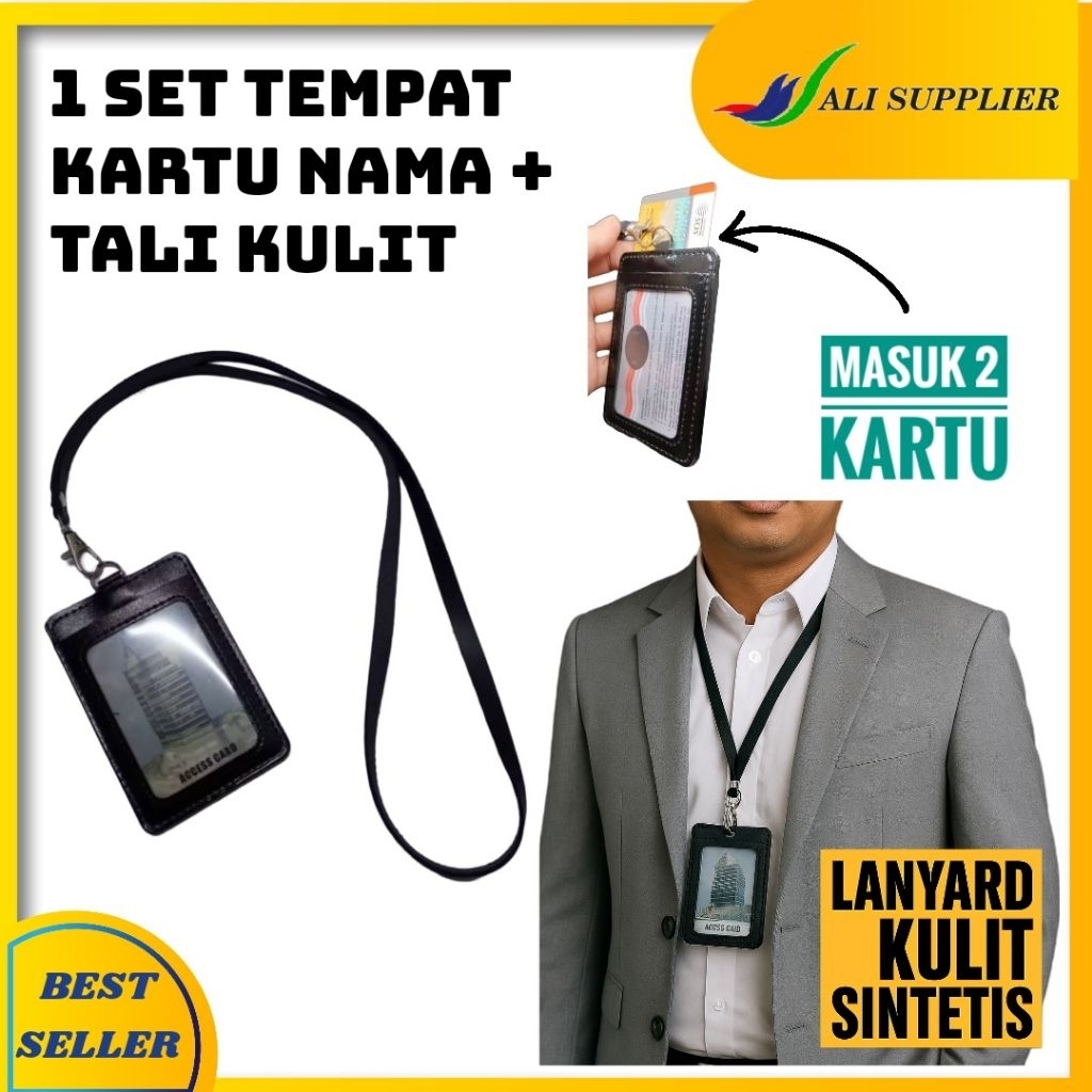TEMPAT KARTU NAMA KULIT + TALI KULIT / ID CARD CASE HOLDER + TALI / NAME TAG KULIT / TALI TANDA PENG