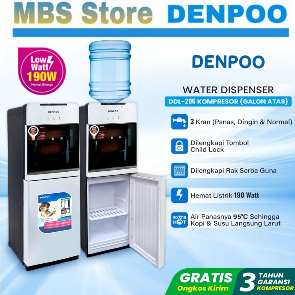 DISPENSER DENPOO GALON ATAS BAWAH PENDINGIN KULKAS LOW WATT 190W DDLL -206
