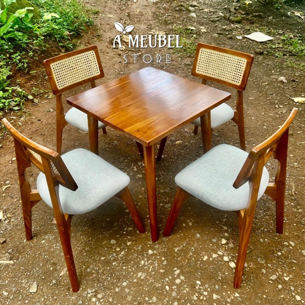DINNING SET MINIMALIS TOP TABLE (UK. 80cm) TEBAL 3cm KAKI V SET TERAS KURSI KACANG KOTAK BLOK TERAS,