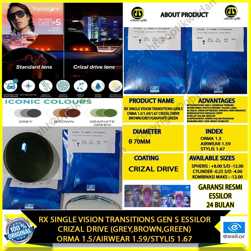 ESSILOR CRIZAL DRIVE TRANSITIONS GEN S GENERASI TERBARU RX/PO PABRIK