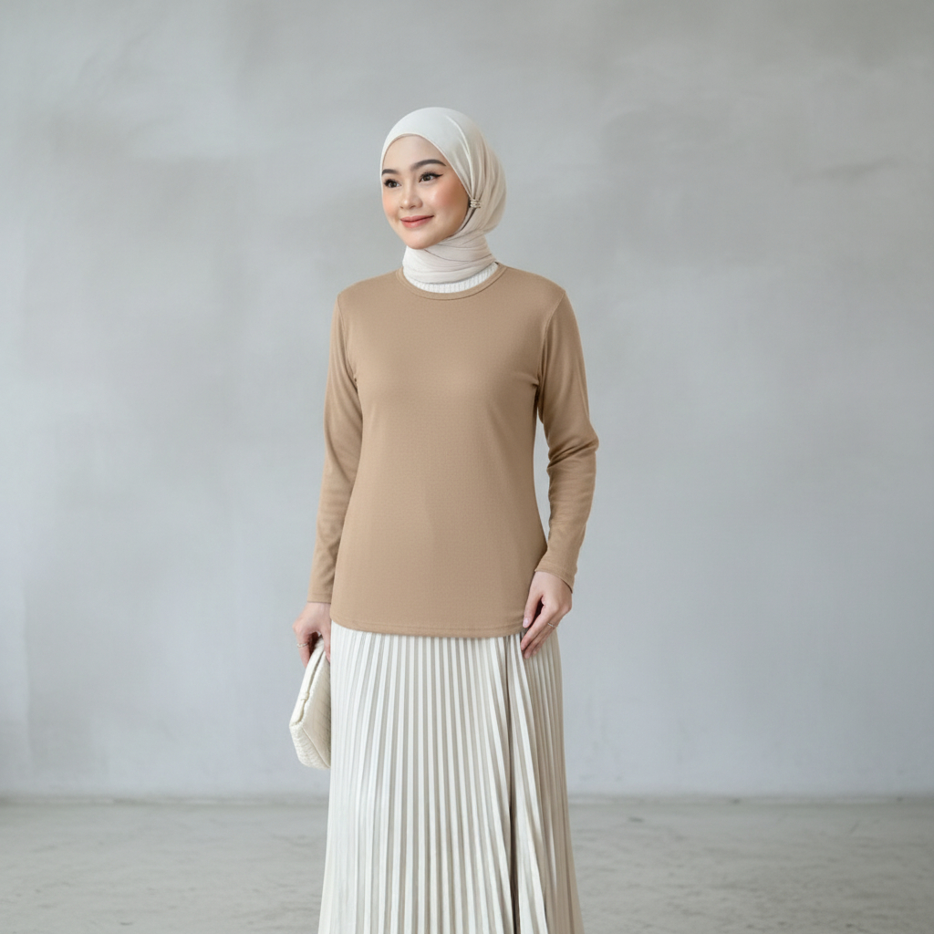 Delova Wardrobe - INNER KAOS POLOS Top Strechy Rib Knit Cotton Premium Lengan Panjang - Full Neci - Baju Wanita Manset Dalaman Perempuan Adem Uniqlo Grade A Spandek