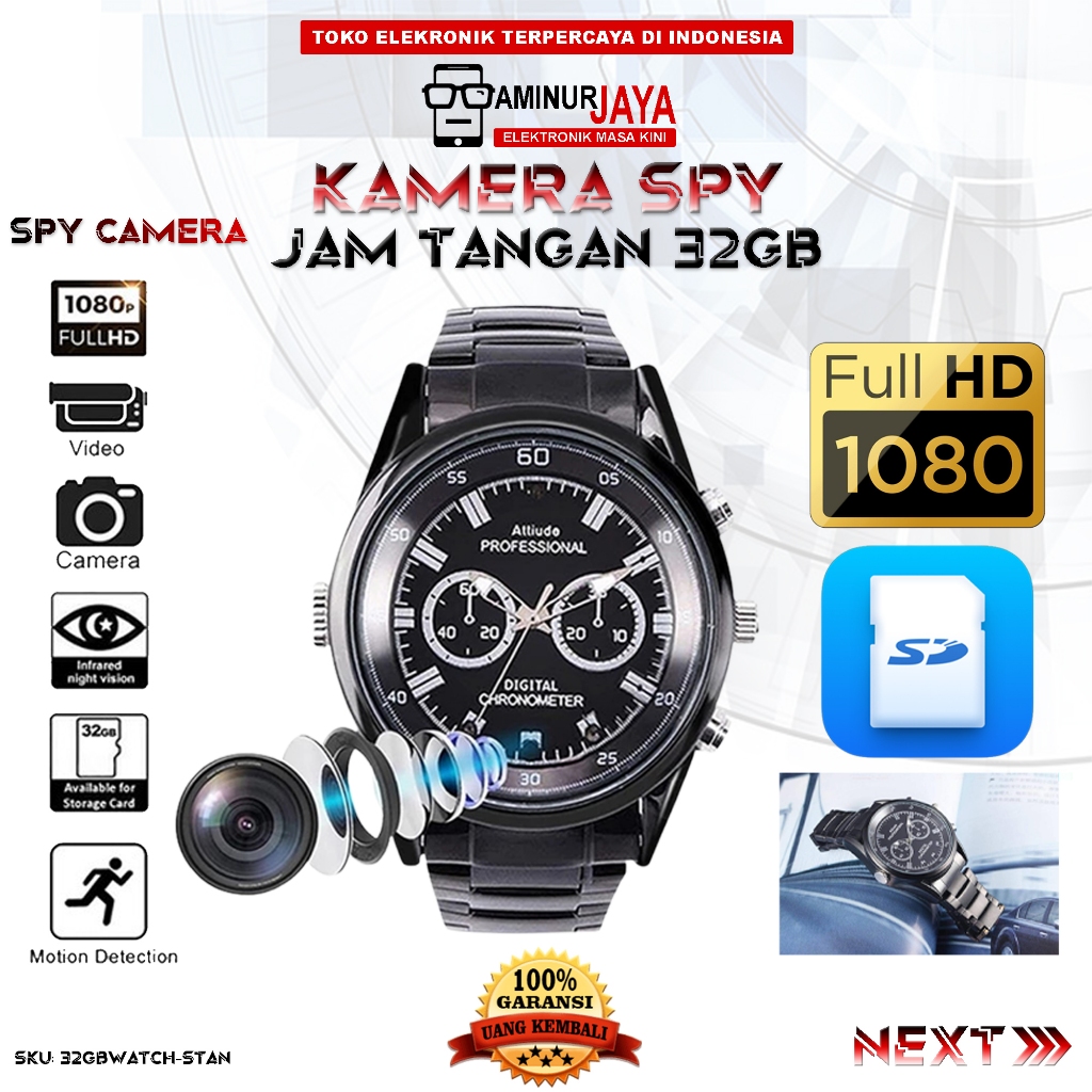 Aminurjaya Kamera Jam Tangan Smartwatch Hidden Spy Camera Watch 32GB HD 1080P Night Vision AminurJay