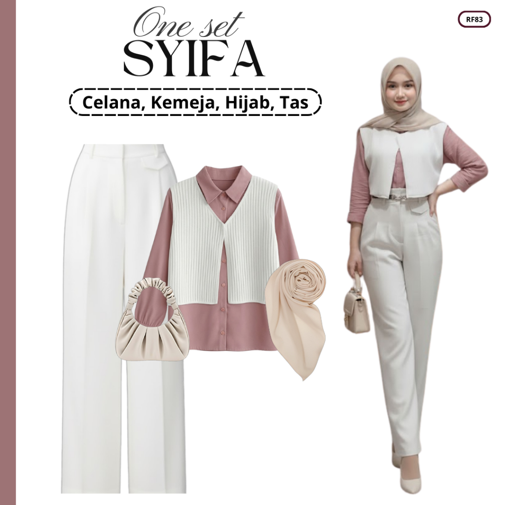 Setelan Pakaian Remaja Kuliah Gaya Korea dengan Celana Panjang, Kemeja Rompi, Jilbab, dan Tas Model 