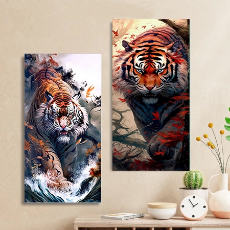 Hiasan Dinding Pajangan Lukisan Dekoratif Dinding Latar Ruang Tamu Dengan Tema Harimau Yang Gagah
