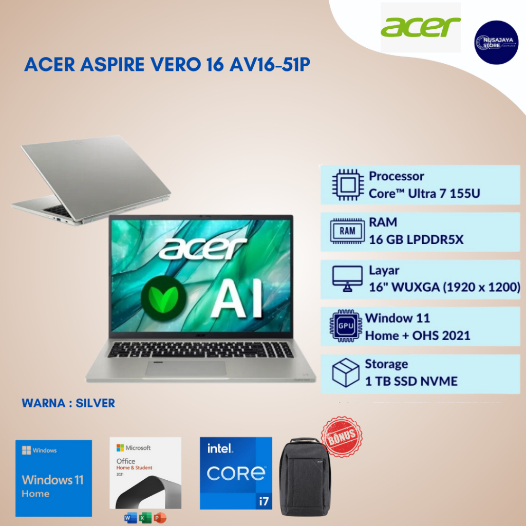 ACER Aspire Vero 16 AV16-51P Ultra 7-155U 16GB 1TB 16" WUXGA sRGB 100% W11 OHS