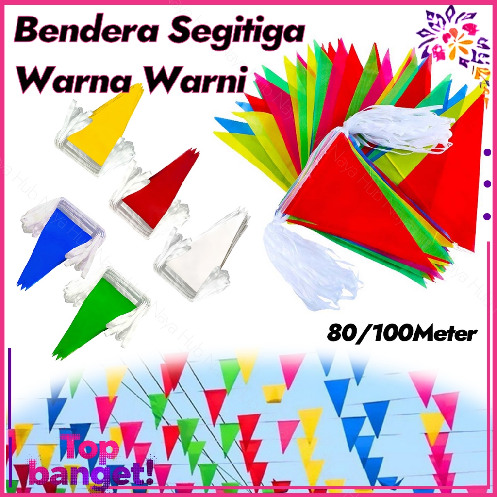 80/100m 150Pcs Bendera Segitiga Warna Warni Kain Bunting Flag Festival Merah Putih Bendera Colorful 