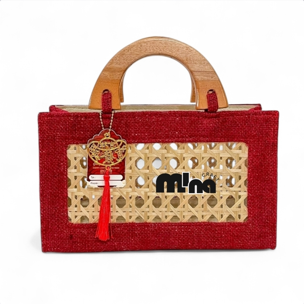 Minacraft - Tas Hampers Imlek Anyaman Bambu Kain Goni Mika Transparan 28x10x16cm Merah Natural
