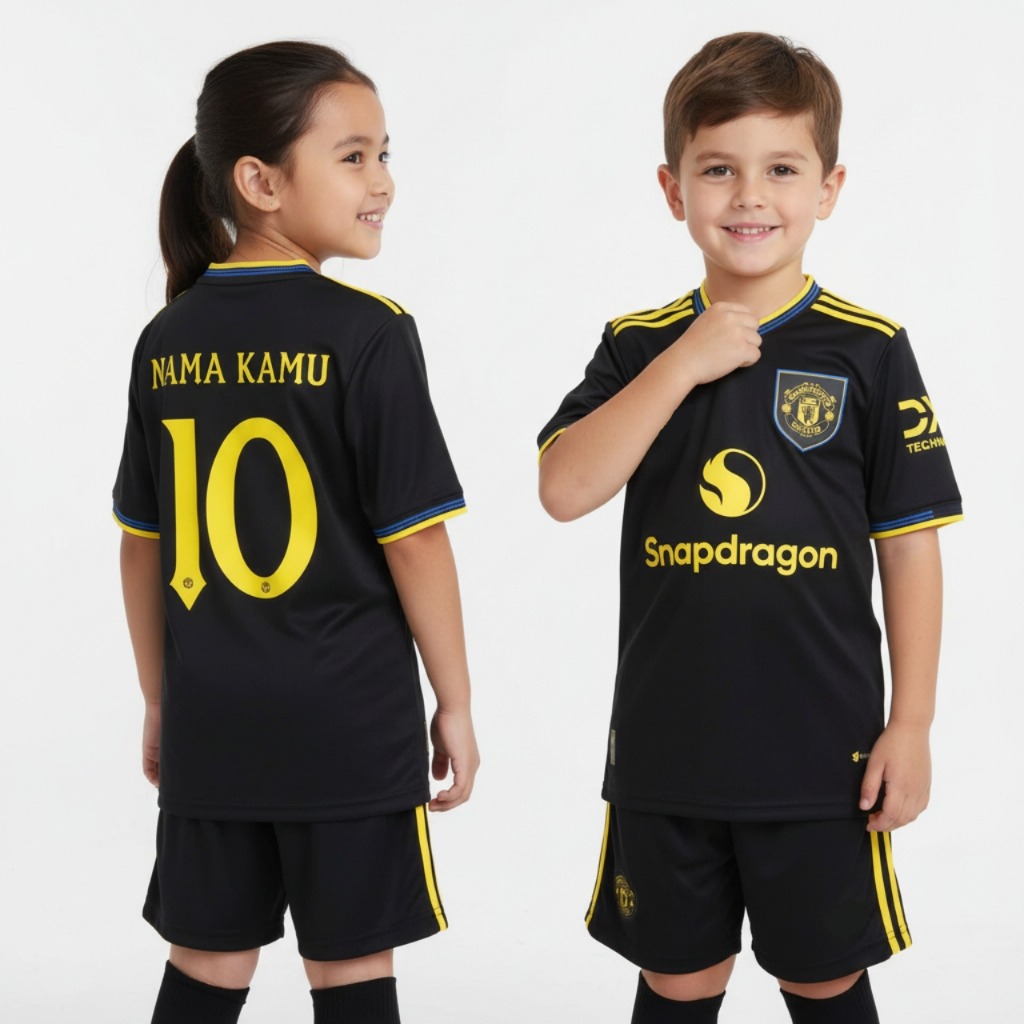 KIDS Jersey Mnchstr Untd 3rd 2025 2026 Baju Bola Warna Hitam Anak Patch Premier League Custom Namese
